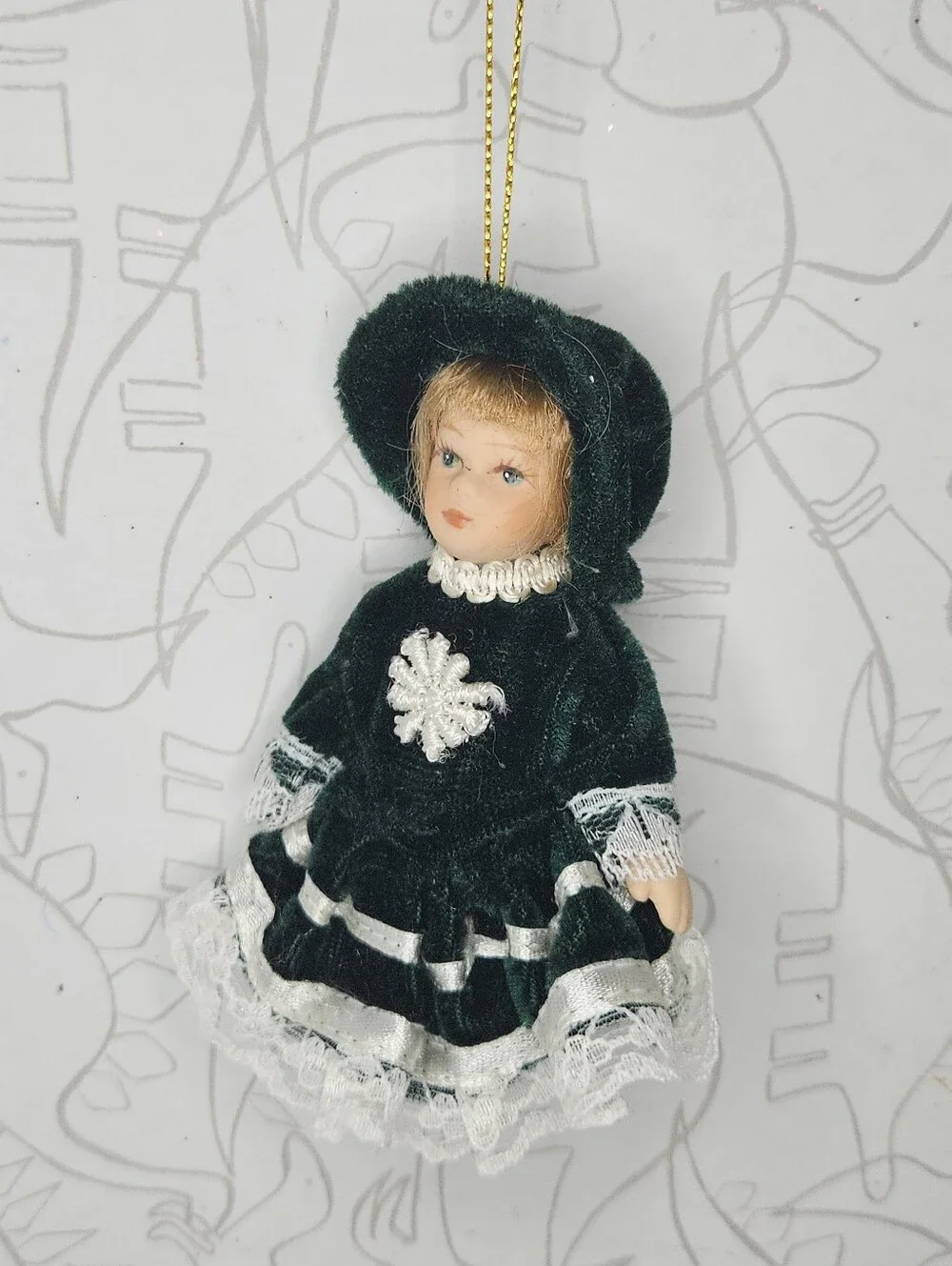 Vntg Victorian Porcelain Doll Christmas Ornament Green Velvet Dress Lace Holiday